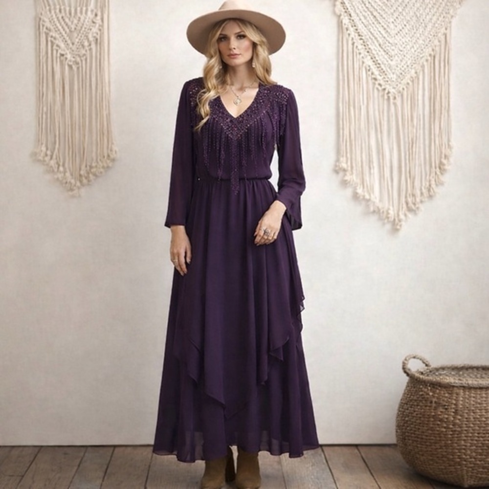 Spencer Alexis Purple Chiffon Fringe Maxi Dress 6 Vintage Boho Romantic Gothic